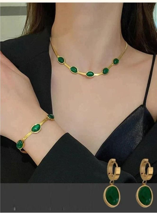 Oval Green Crystal Pendant Necklace Set with Bracelet | Gold Plated Stainless Steel Jewelry for Women