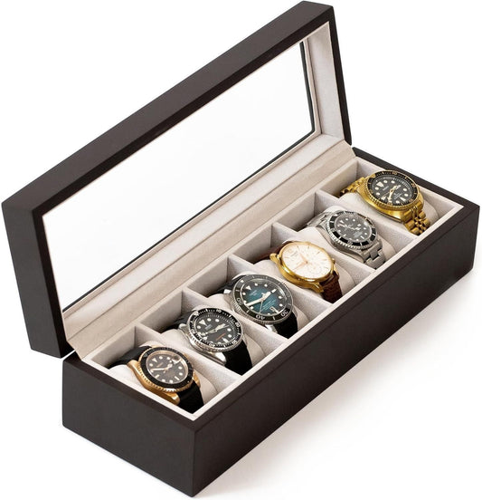 Wood Watch Box Organizer with Glass Display | 6-Slot Wooden Watch Storage Case | Luxury Watch Holder for Men & Women