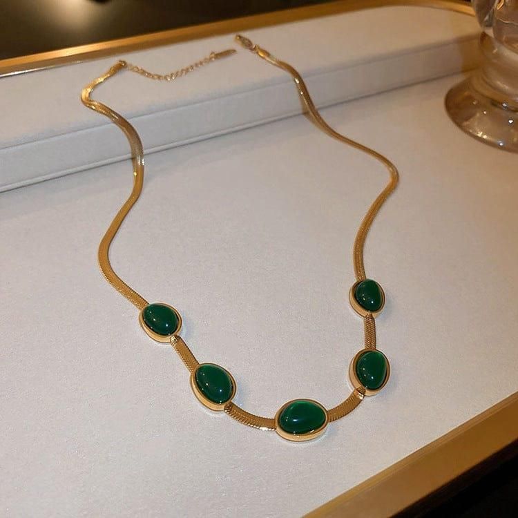 Oval Green Crystal Pendant Necklace Set with Bracelet | Gold Plated Stainless Steel Jewelry for Women